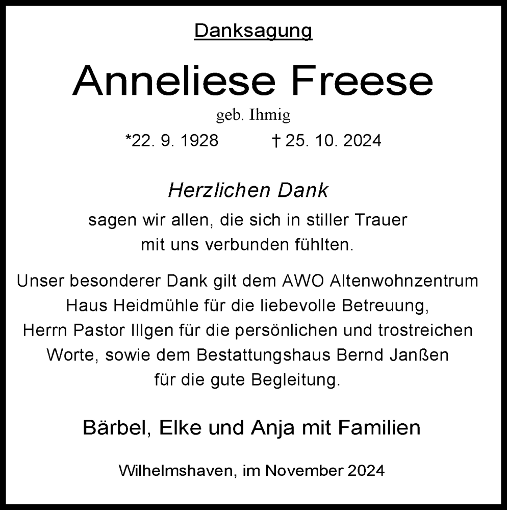  Traueranzeige für Anneliese Freese vom 30.11.2024 aus WZ/JW/AH