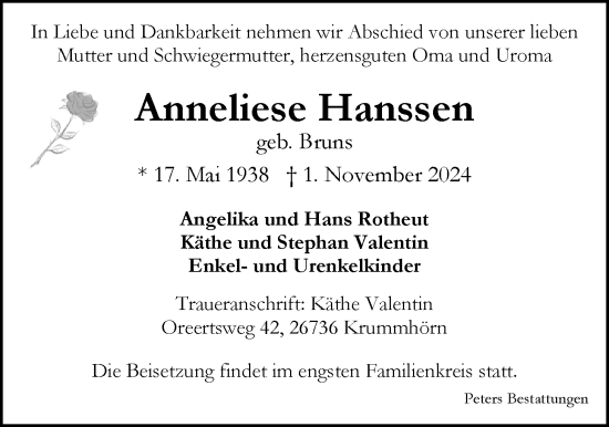 Traueranzeige von Anneliese Hanssen von Emder Zeitung