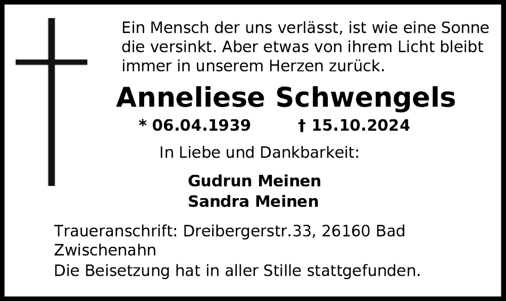  Traueranzeige für Anneliese Schwengels vom 12.11.2024 aus Nordwest-Zeitung