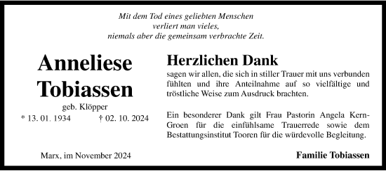 Traueranzeige von Anneliese Tobiassen von WZ/JW/AH