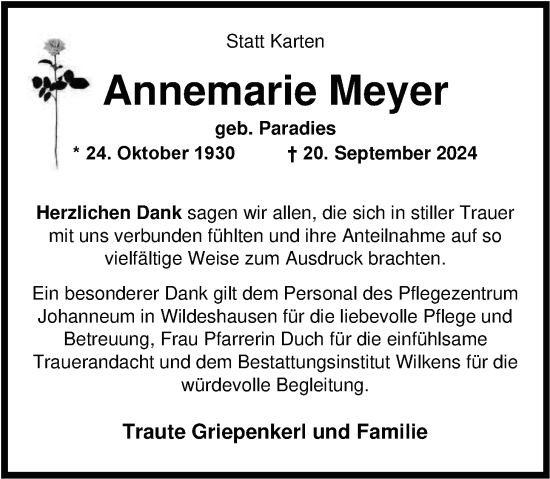 Traueranzeige von Annemarie Meyer von Nordwest-Zeitung