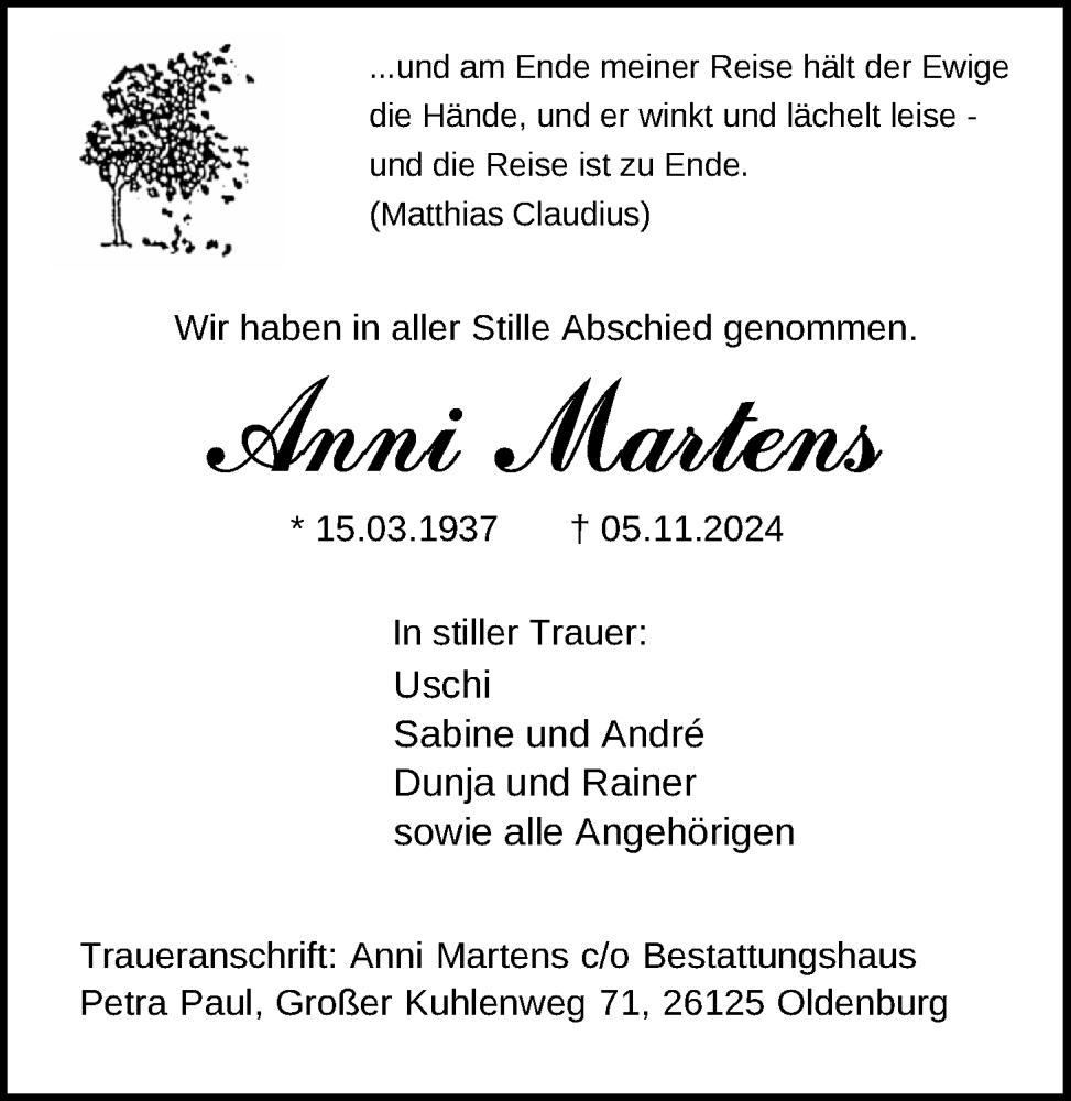  Traueranzeige für Anni Martens vom 28.11.2024 aus Nordwest-Zeitung