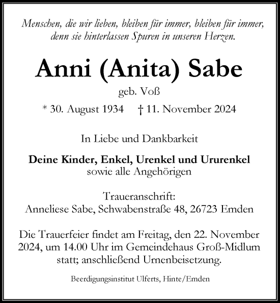 Traueranzeige von Anni Anita Sabe von Emder Zeitung