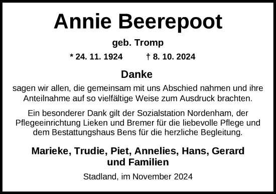Traueranzeige von Annie Beerepoot von Nordwest-Zeitung