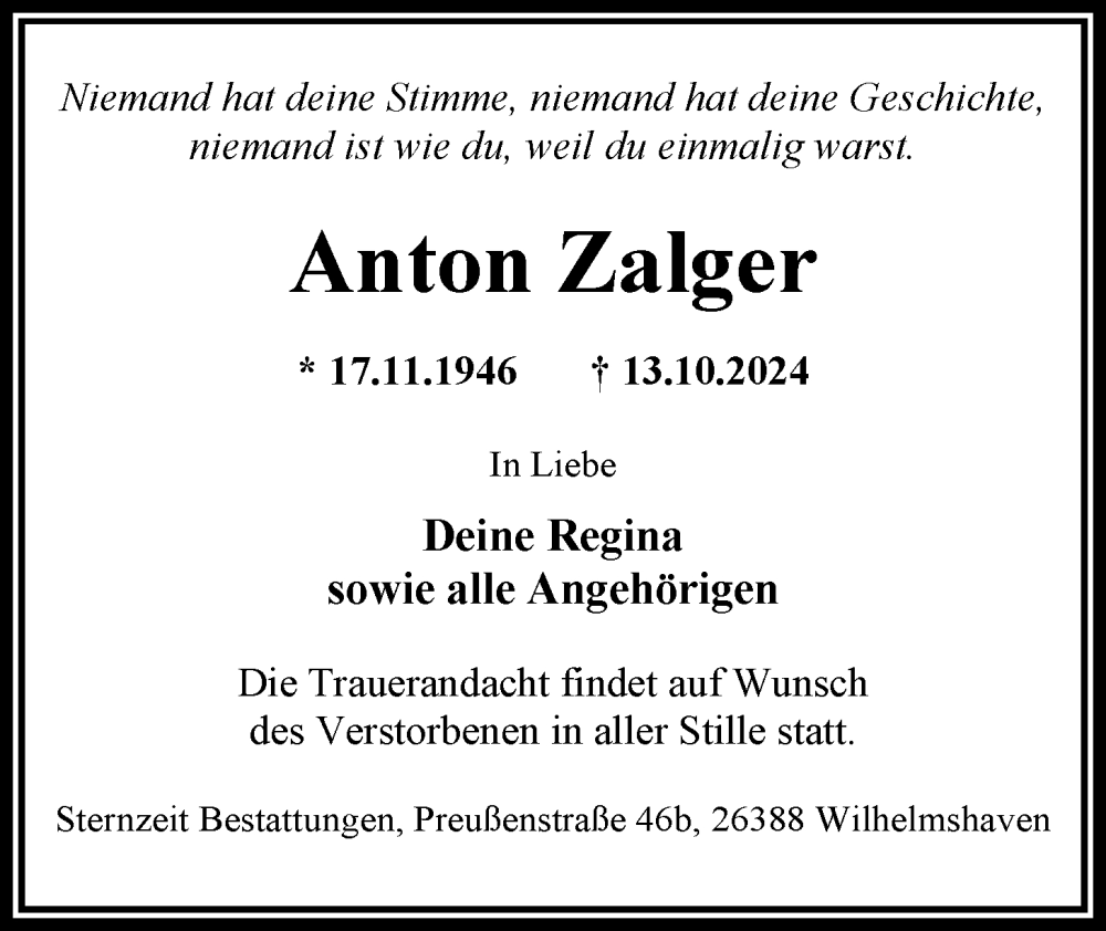  Traueranzeige für Anton Zalger vom 02.11.2024 aus WZ/JW/AH