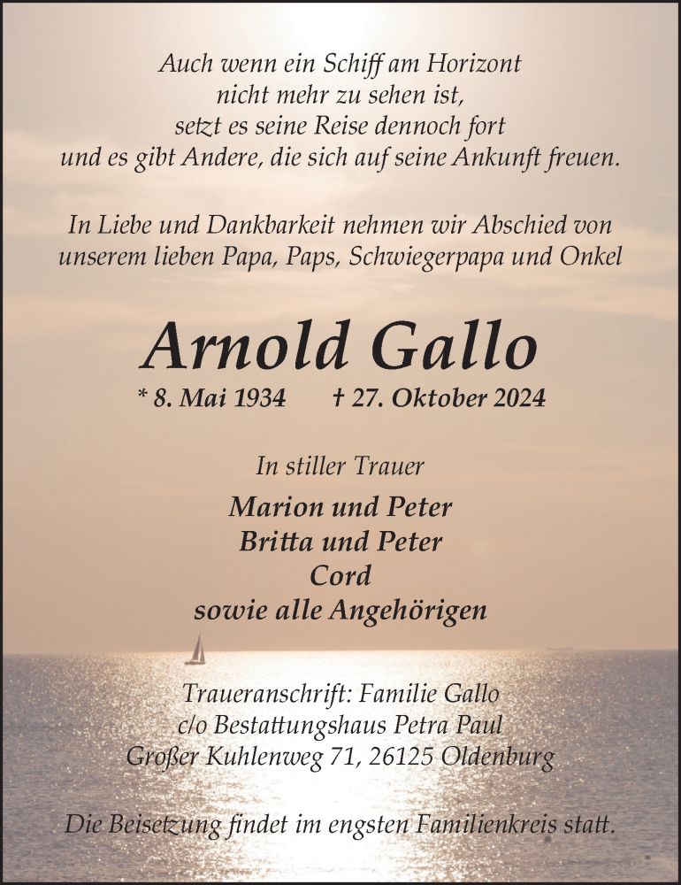  Traueranzeige für Arnold Gallo vom 02.11.2024 aus Nordwest-Zeitung