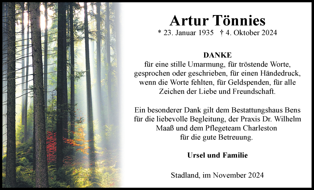  Traueranzeige für Artur Tönnies vom 22.11.2024 aus Nordwest-Zeitung