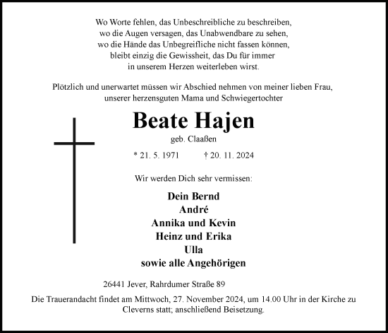 Traueranzeige von Beate Hajen von WZ/JW/AH