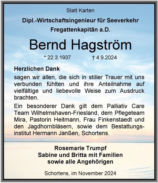 Traueranzeige von Bernd Hagström von WZ/JW/AH