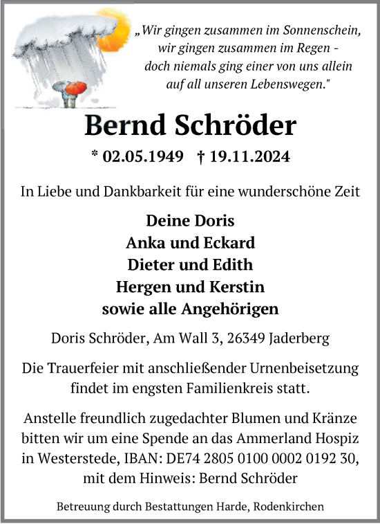 Traueranzeige von Bernd Schröder von Nordwest-Zeitung