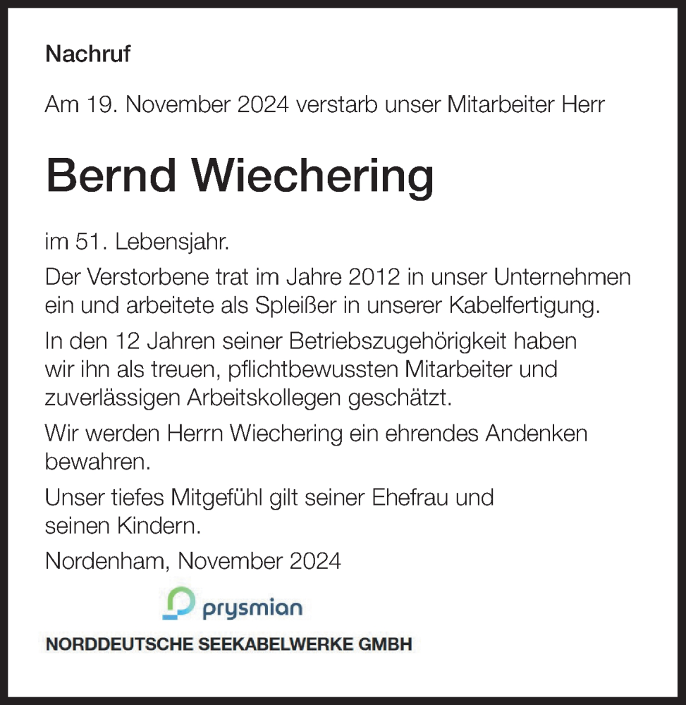 Traueranzeige für Bernd Wiechering vom 30.11.2024 aus Nordwest-Zeitung