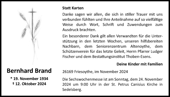 Traueranzeige von Bernhard Brand von Nordwest-Zeitung