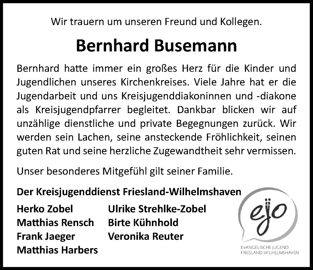  Traueranzeige für Bernhard Busemann vom 20.11.2024 aus WZ/JW/AH