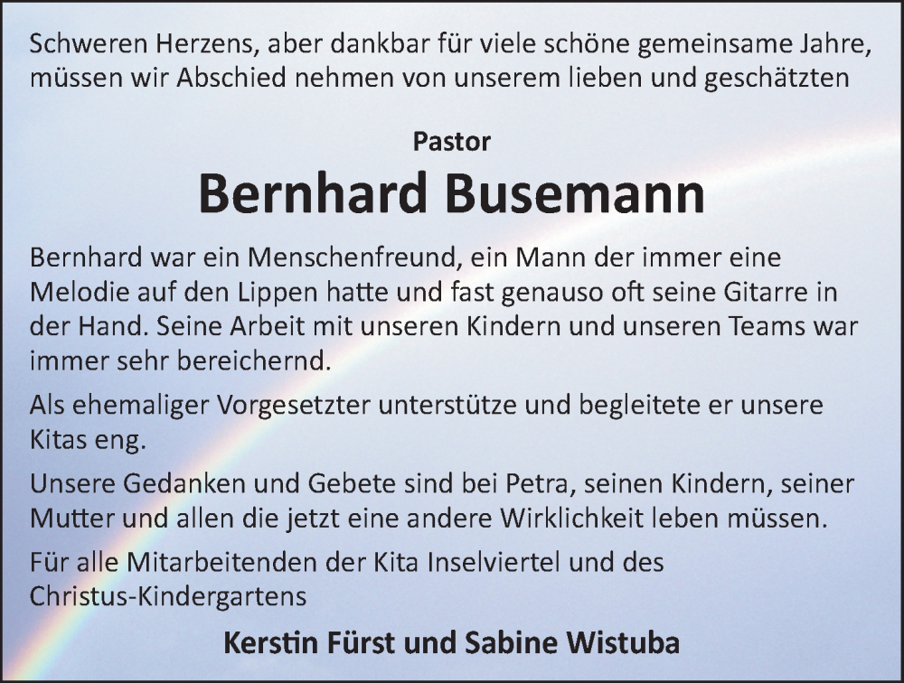  Traueranzeige für Bernhard Busemann vom 20.11.2024 aus WZ/JW/AH