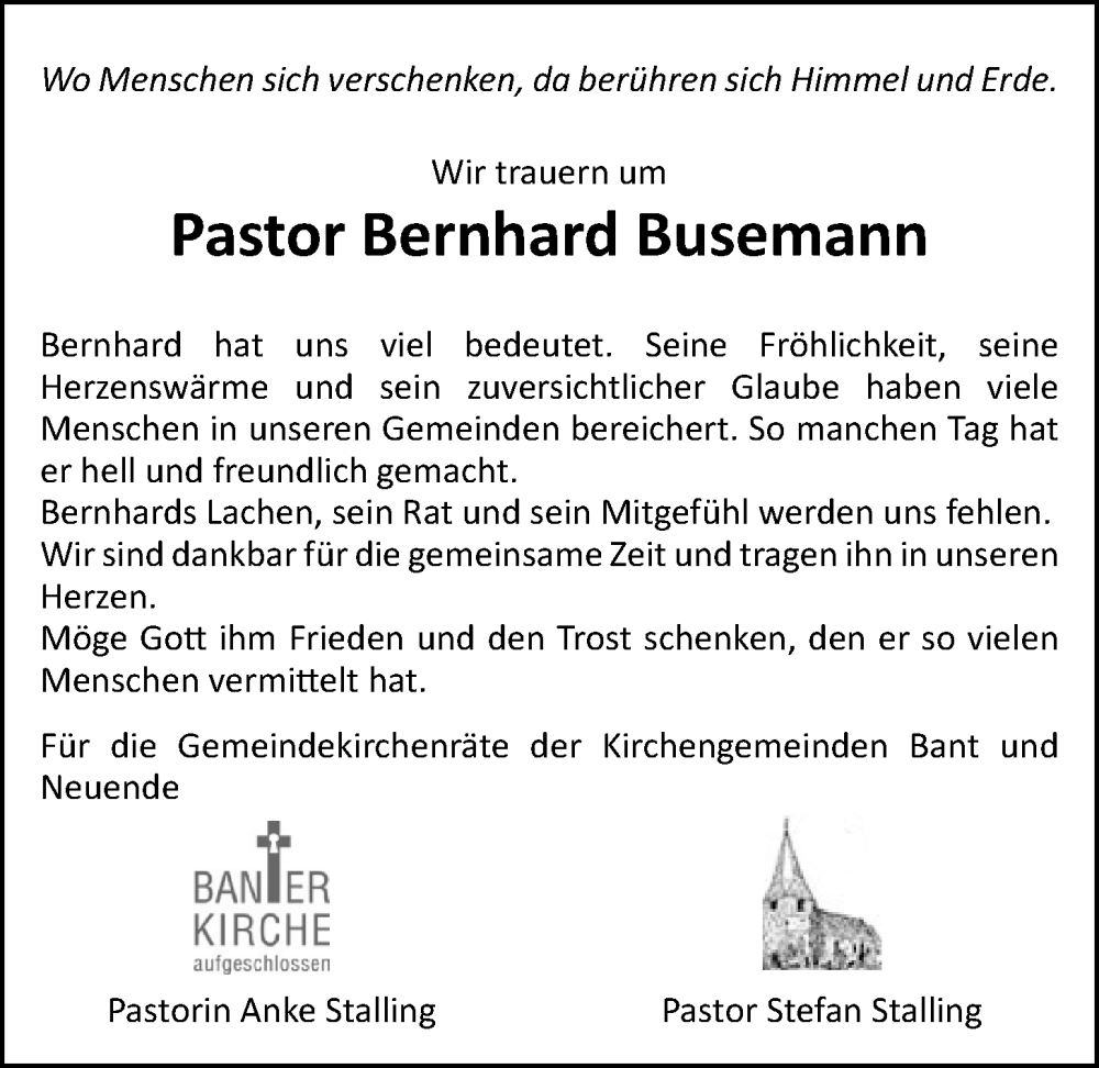  Traueranzeige für Bernhard Busemann vom 20.11.2024 aus WZ/JW/AH