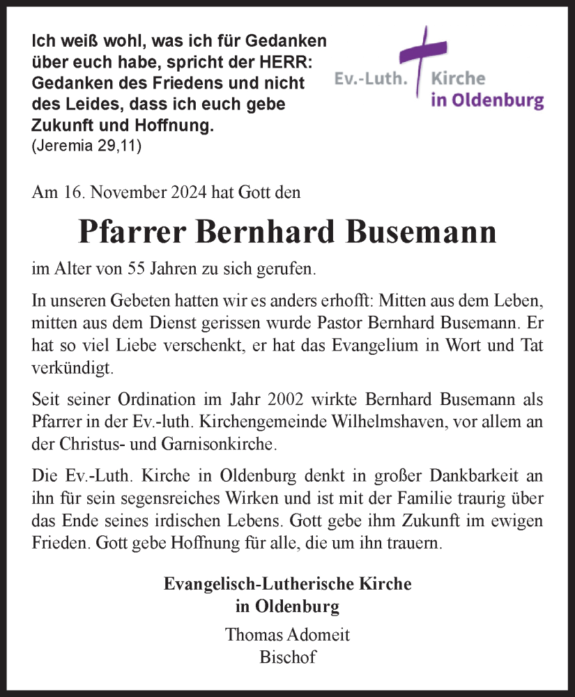  Traueranzeige für Bernhard Busemann vom 20.11.2024 aus Nordwest-Zeitung