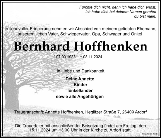 Traueranzeige von Bernhard Hoffhenken von WZ/JW/AH