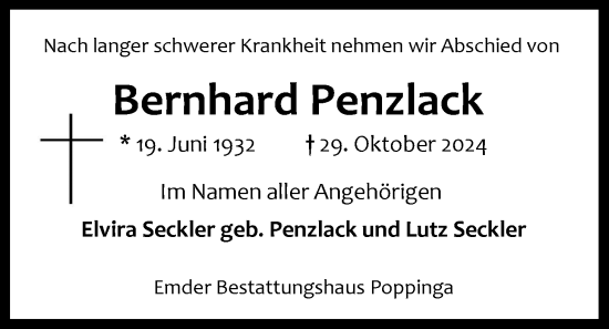 Traueranzeige von Bernhard Penzlack von Emder Zeitung