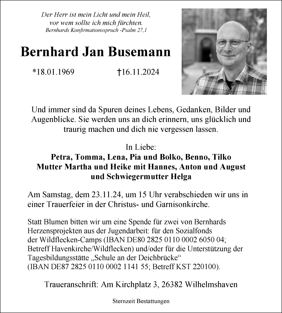  Traueranzeige für Bernhard Jan Busemann vom 20.11.2024 aus WZ/JW/AH