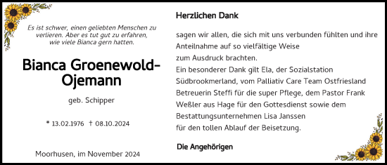 Traueranzeige von Bianca Groenewold-Ojemann von Emder Zeitung
