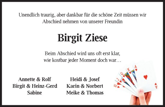 Traueranzeige von Birgit Ziese von Nordwest-Zeitung