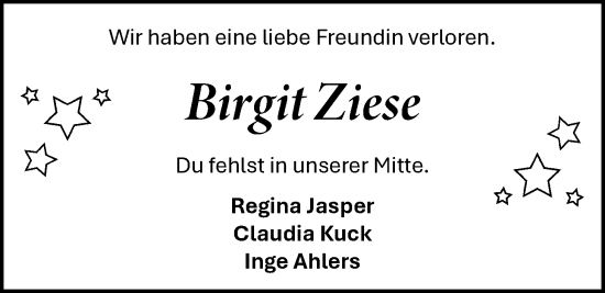 Traueranzeige von Birgit Ziese von Nordwest-Zeitung