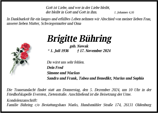 Traueranzeige von Brigitte Bühring von Nordwest-Zeitung