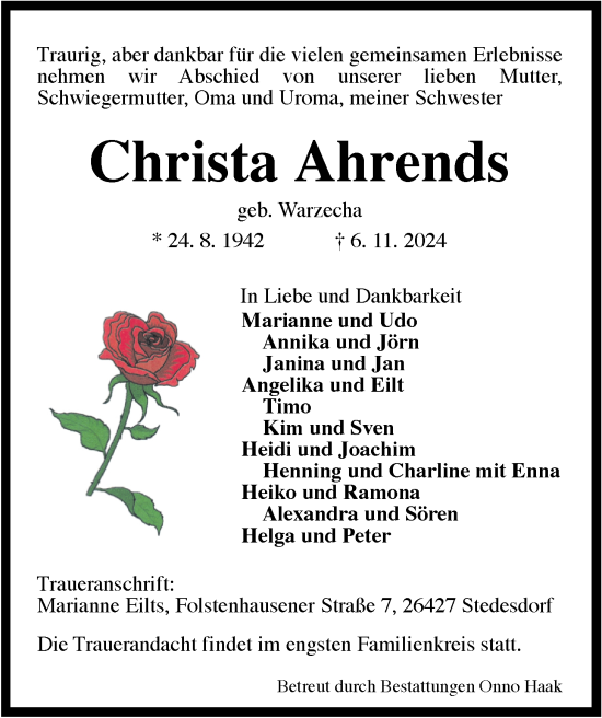 Traueranzeige von Christa Ahrends von WZ/JW/AH