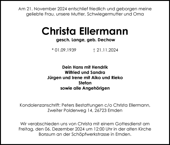 Traueranzeige von Christa Ellermann von Emder Zeitung