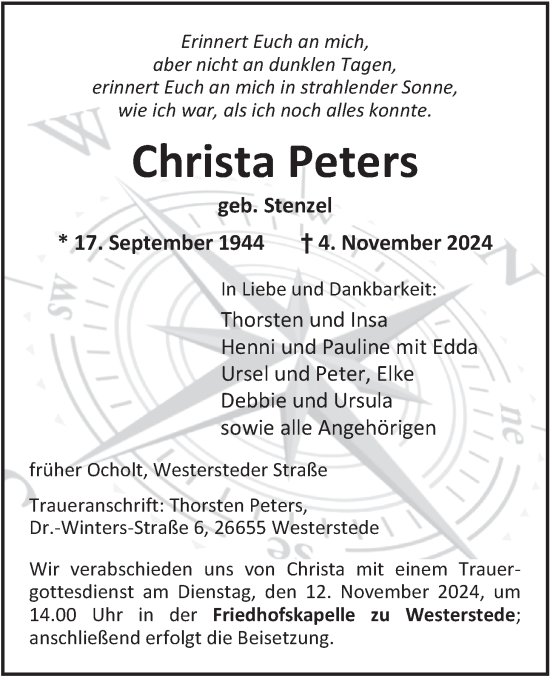 Traueranzeige von Christa Peters von Nordwest-Zeitung