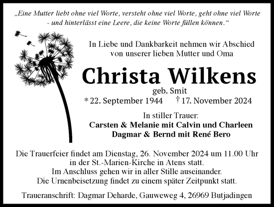 Traueranzeige von Christa Wilkens von Nordwest-Zeitung