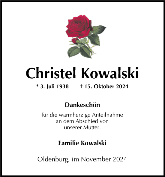 Traueranzeige von Christel Kowalski von Nordwest-Zeitung