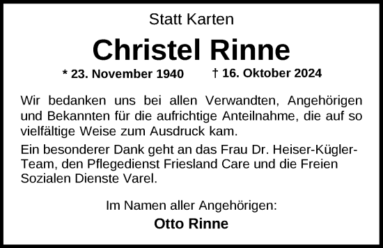 Traueranzeige von Christel Rinne von Nordwest-Zeitung