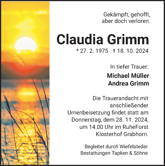 Traueranzeige von Claudia Grimm von Nordwest-Zeitung