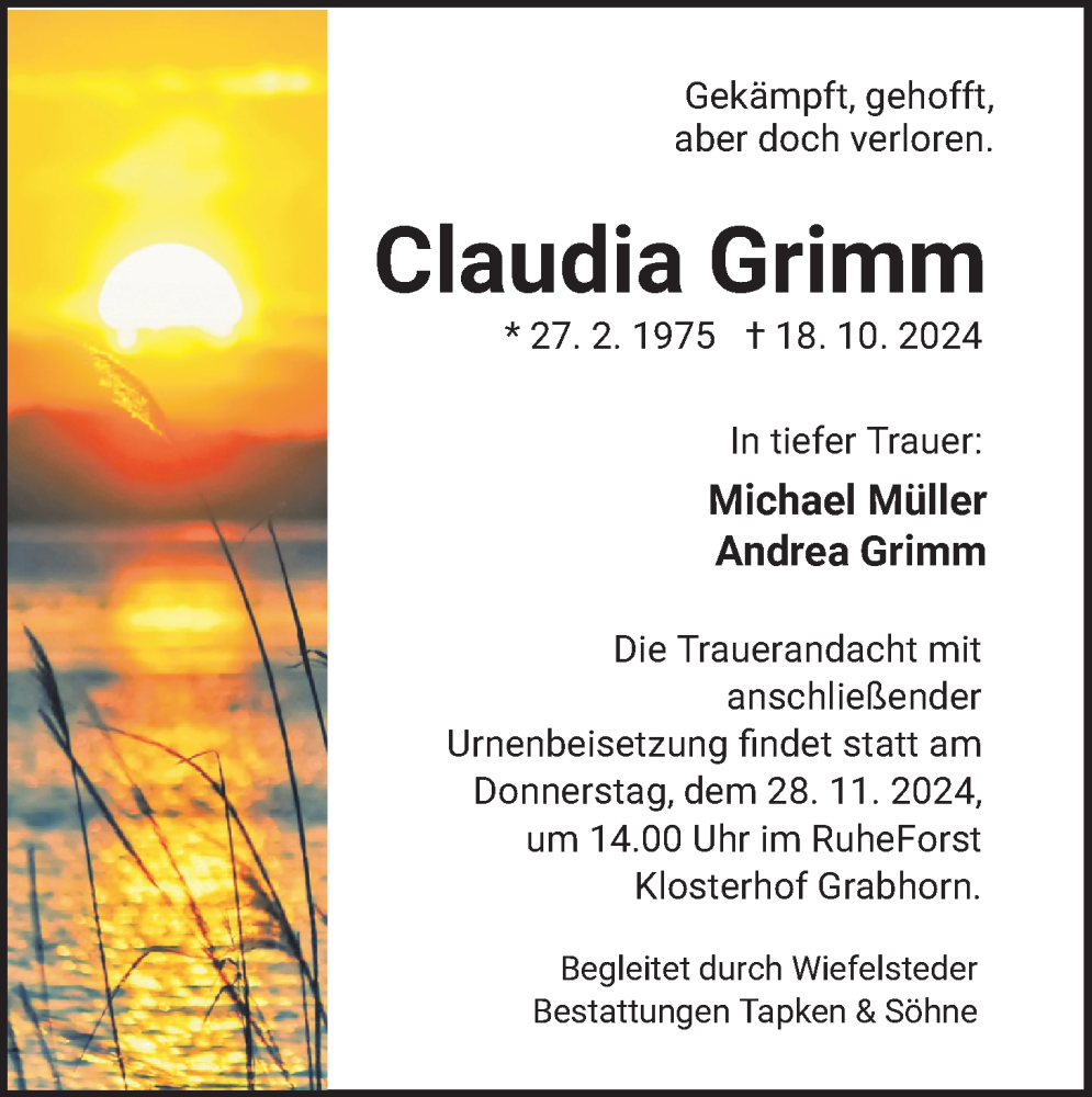  Traueranzeige für Claudia Grimm vom 23.11.2024 aus Nordwest-Zeitung