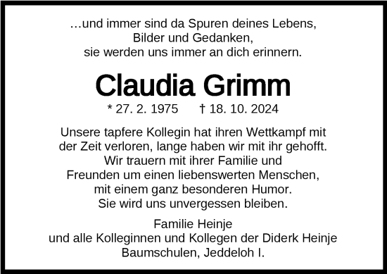 Traueranzeige von Claudia Grimm von Nordwest-Zeitung