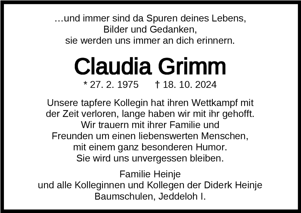  Traueranzeige für Claudia Grimm vom 23.11.2024 aus Nordwest-Zeitung