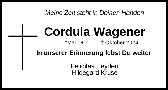 Traueranzeige von Cordula Wagener von WZ/JW/AH