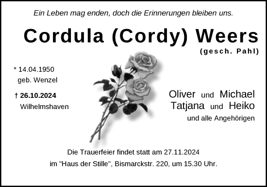 Traueranzeige von Cordula (Cordy)  Weers von WZ/JW/AH