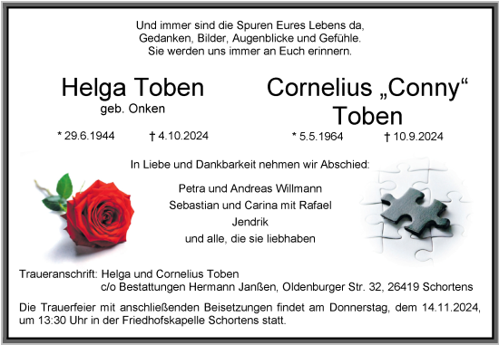 Traueranzeige von Cornelius Toben von WZ/JW/AH
