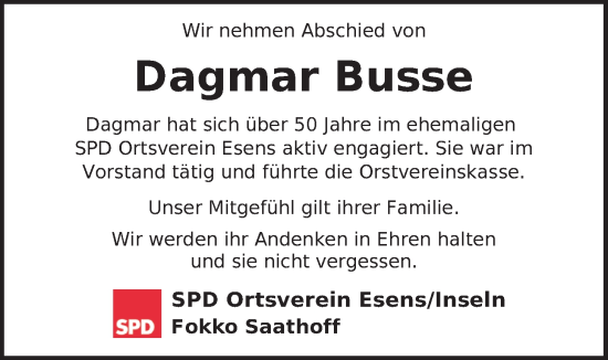 Traueranzeige von Dagmar Busse von WZ/JW/AH