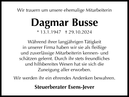 Traueranzeige von Dagmar Busse von WZ/JW/AH