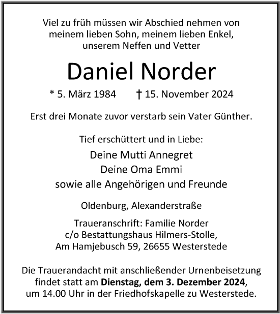 Traueranzeige von Daniel Norder von Nordwest-Zeitung