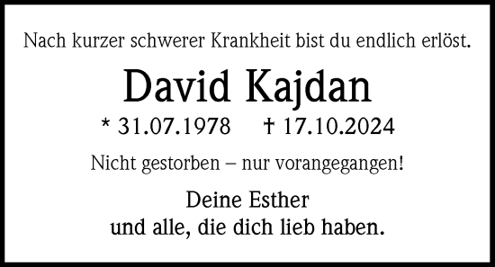 Traueranzeige von David Kajdan von WZ/JW/AH