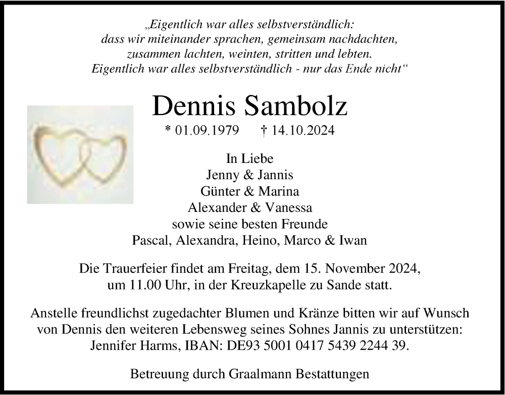  Traueranzeige für Dennis Sambolz vom 02.11.2024 aus WZ/JW/AH