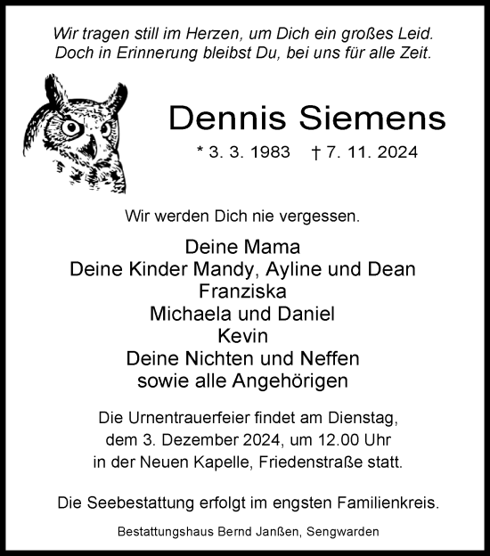 Traueranzeige von Dennis Siemens von WZ/JW/AH