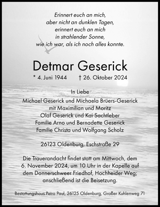 Traueranzeige von Detmar Geserick von Nordwest-Zeitung
