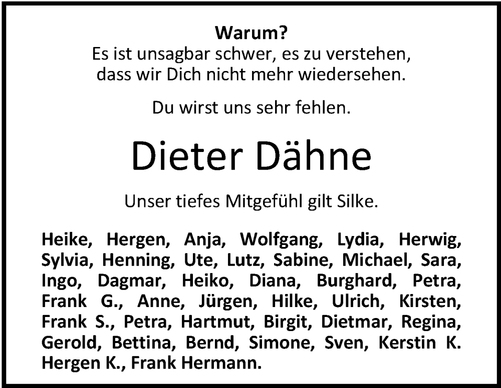  Traueranzeige für Dieter Dähne vom 30.11.2024 aus Nordwest-Zeitung