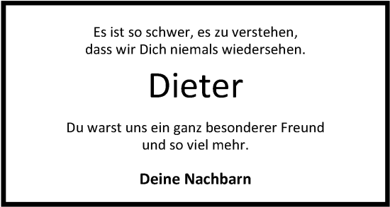 Traueranzeige von Dieter Dähne von Nordwest-Zeitung