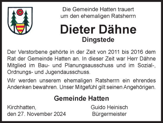 Traueranzeige von Dieter Dähne von Nordwest-Zeitung